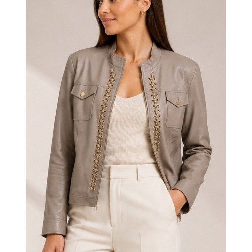 St. John Knits Taupe Lambskin Leather Jacket Women Sz XL Utilitarian EUC